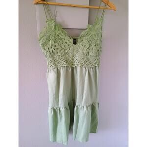 Crochet Lace Mini Dress in light mint green Bralette fairy Core whimsical Medium
